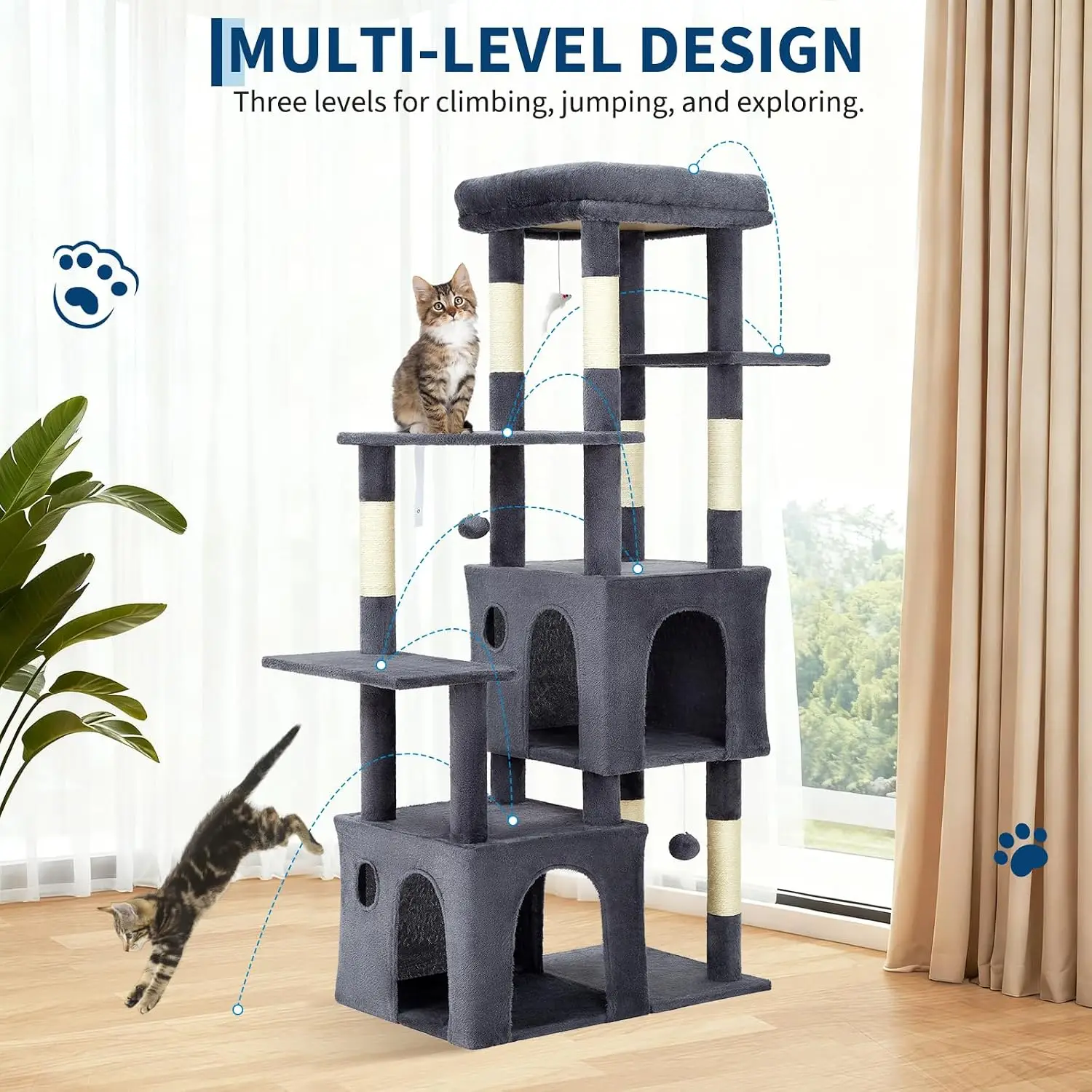 Tacleekii 61" Cat Tree with Extra Large Perch 2 Spacious Condos Multi-Level Cat Tower Natural Sisal Scratching Posts, Interactive Toys for Medium Large Indoor Cats gallery 1