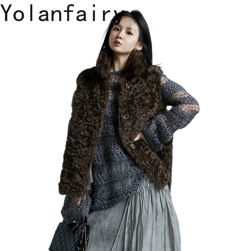 

YOLANFAIRY 2026 Genuine Leather Curly Fur Vest for Woman Winter Lapel Collar Slim Reversible Real Wool Fur Integrated Gilet Coat
