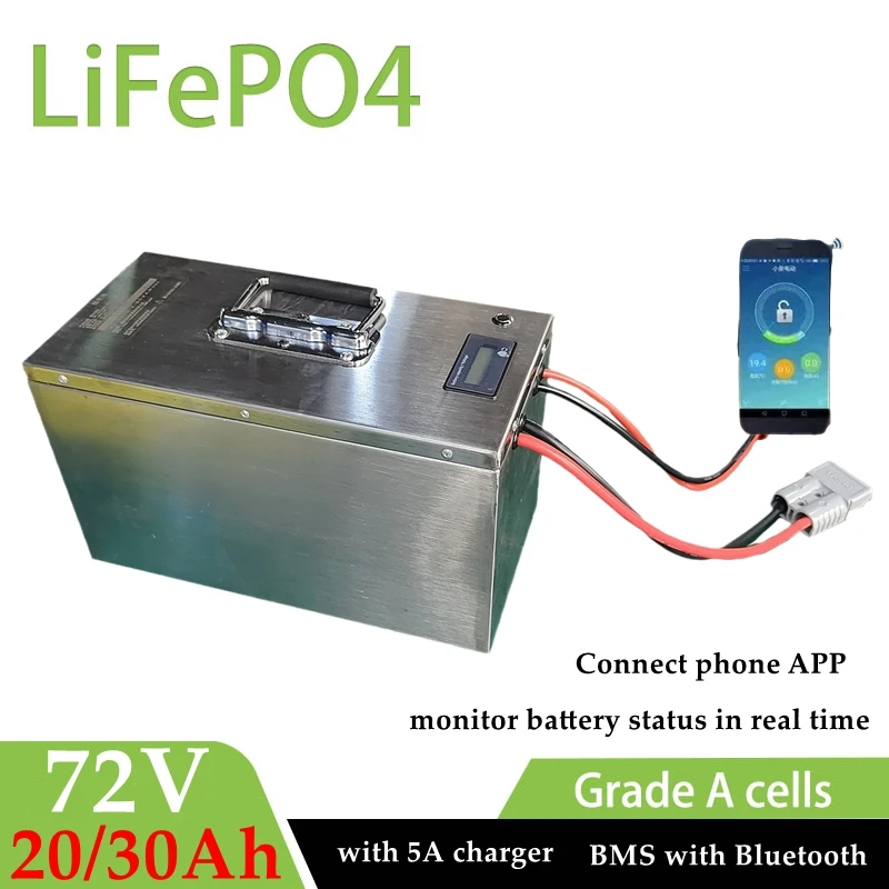 Upgraded 72V 30Ah 20Ah Lifepo4 battery pack BMS with bluetooth for motorcycle electric scooter power tool solar energy+5A Charge