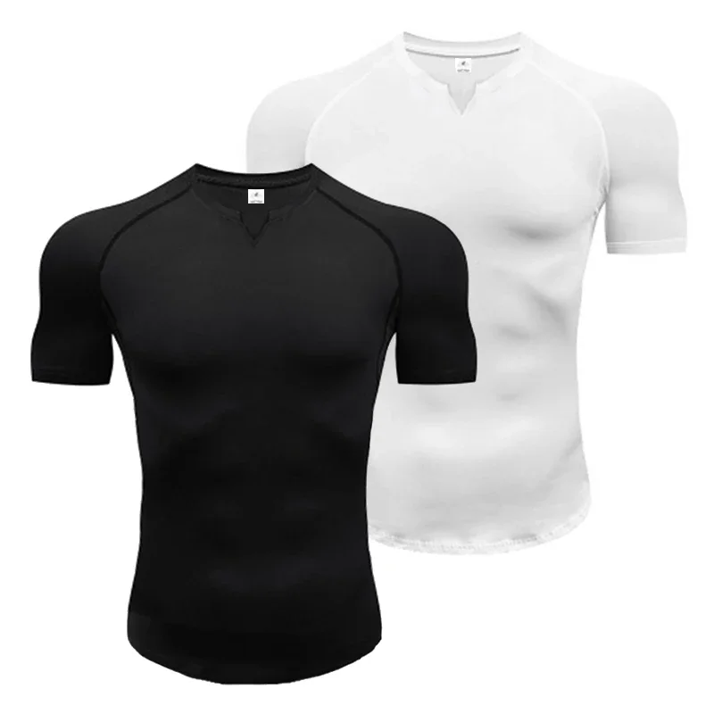 Plain Mens Casual Sport V-neck Clothing Summer Quick Dry Breathable Short Sleeve Shirts Gym Bodybuilding Fitness Muscle T-shirts