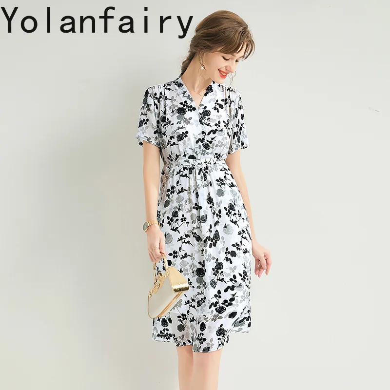 YOLANFAIRY 100% Reale Abiti di Seta di Gelso per la Donna 2025 High-end Stampato Abito Bianco Abiti Eleganti Abiti Estivi vestidos de mujer