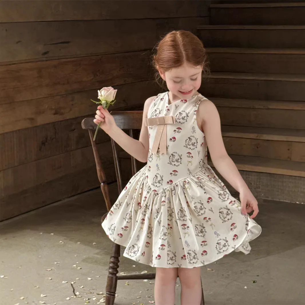Girls Dress 2026 Spring/summer New Children's Clothing Korean Style Girls Baby Fashion Retro Liner Mesh Print Princess Dress