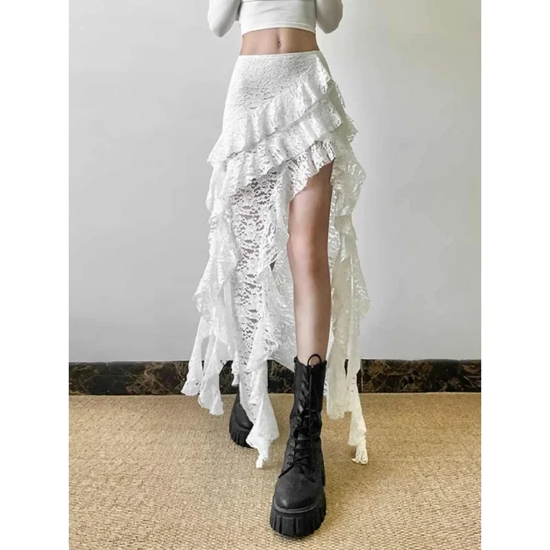 

Женская летняя юбка нестандартной формы, белая милая дизайнерская кружевная лоскутная юбка с рюшами и высокой талией Y2k, длинные юбки, Harajuku, готическая одежда