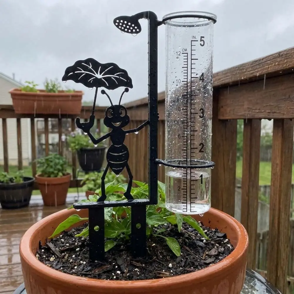 Iron Art Metal Ant Rain Gauge Stake Rustproof Weatherproof Garden Stake Rain Water Collector with Scale Lotus Leaf Ant Shaped