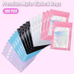 50/100 Pcs Resealable Translucent Laser Zipper Lock Bag Holographic Iridescent Bag Jewelry Necklace Cosmetics Gift Packaging Bag