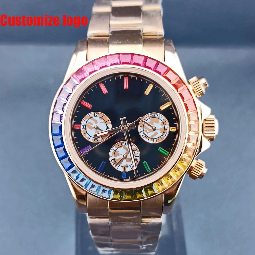 

40mm VK63 movement 10barfa water case 316L Stainless steel sapphire glass case Colored diamond bezel close back cover