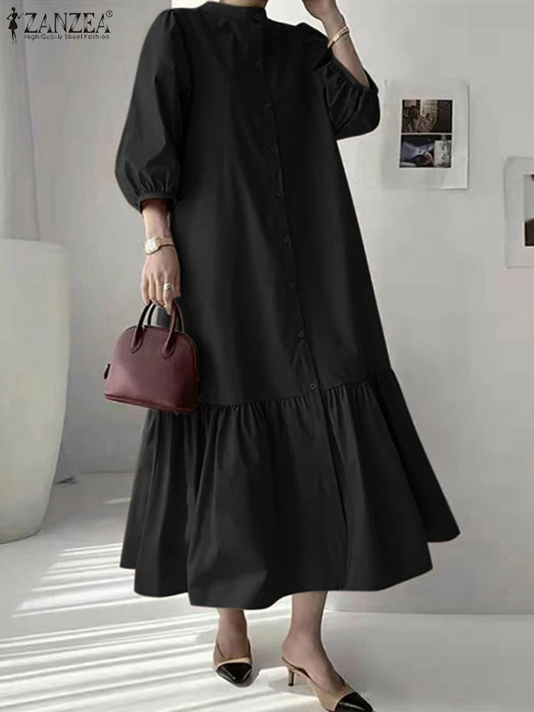 ZANZEA Puff Sleeve Elegant Maxi Dress 2025 Spring Solid Ruffled Hem Women Vestidos Stylish Loose Casual Stand Collar Shirt Dress