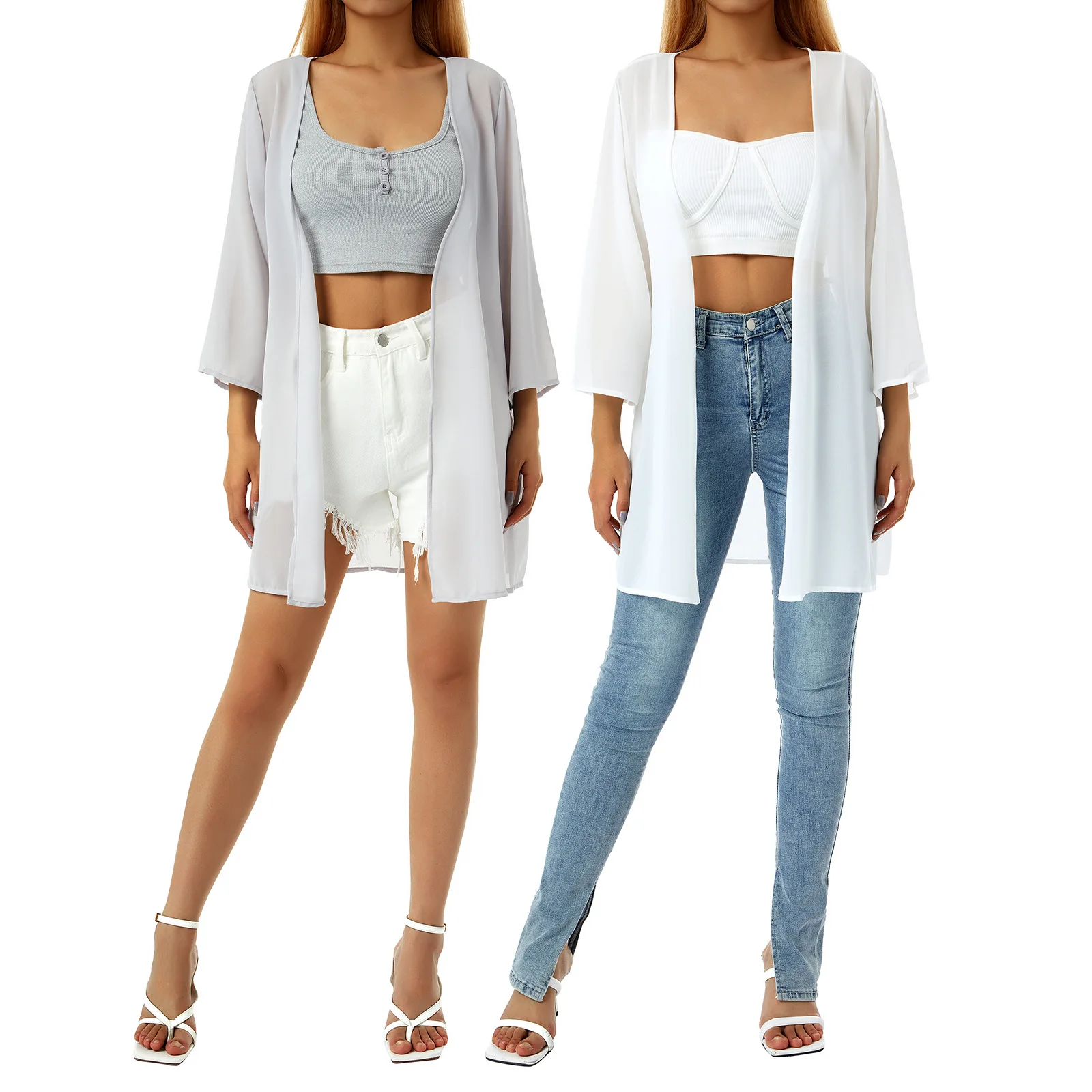 Abbigliamento estivo da donna, bikini da spiaggia, camicetta con protezione solare, cardigan in chiffon per le vacanze, tinta unita ampia