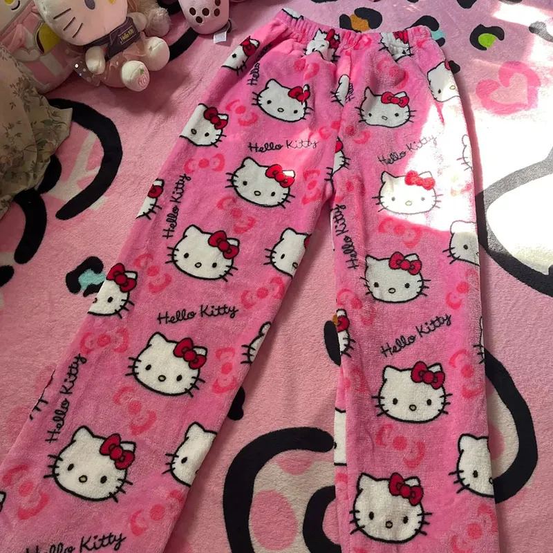 Y2K Hello Kitty Pajamas Pants Sanrio Anime Women Flannel Trousers Kawaii Cotton Warm Sleepwear Trousers Couple Casual Home Wear