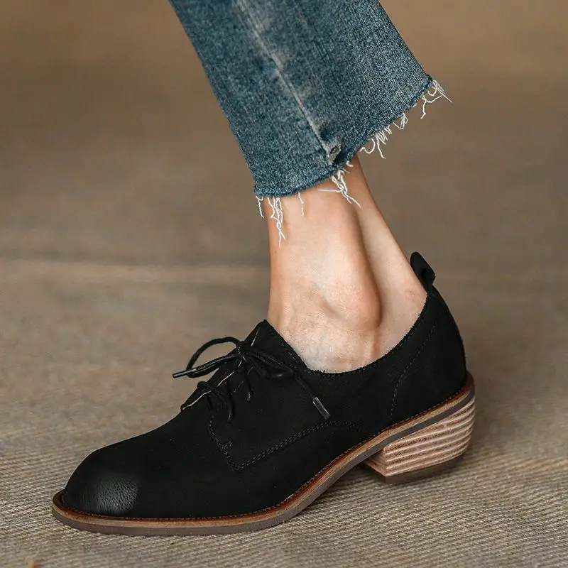 

Basic Style Heel Shoes Women Simple Shoes Med Heel 5 CM Retro ShoesLace-Up Daily Shoes Cowhide Real Leather Oxfords For Woman