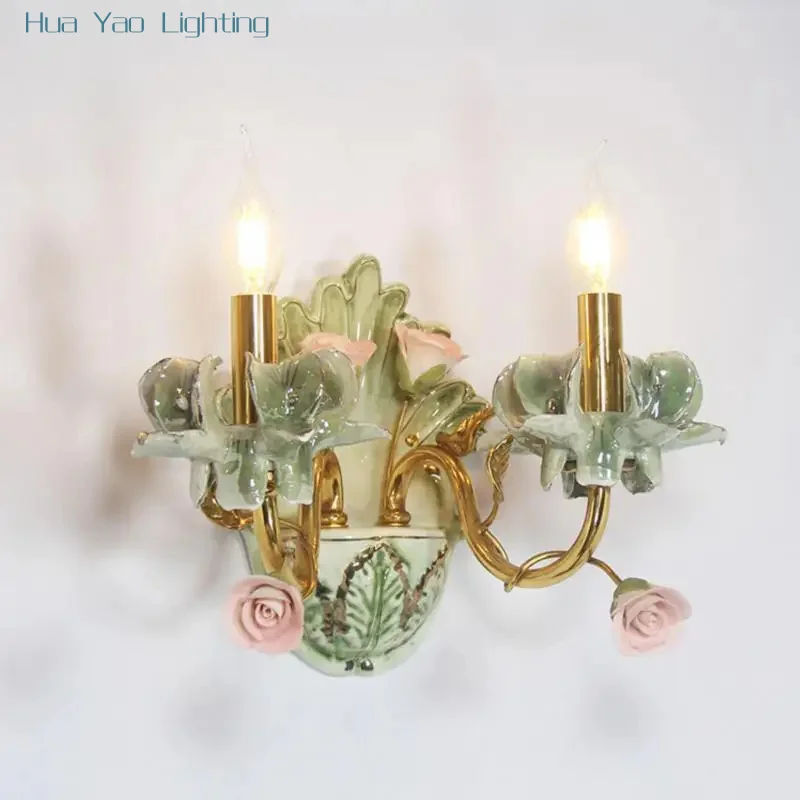 French style Copper Ceramic wall sconces retro palace luxury Mirror With Light bedroom Bedside Lamp restaurant Led Lighting