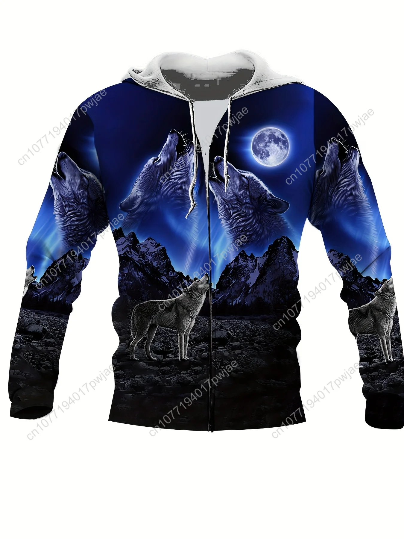 Chaqueta informal con capucha para hombre con estampado 3D de lobo de cuerpo completo, tejido de poliéster, cremallera frontal de manga larga, lavable a máquina, Fi Regular