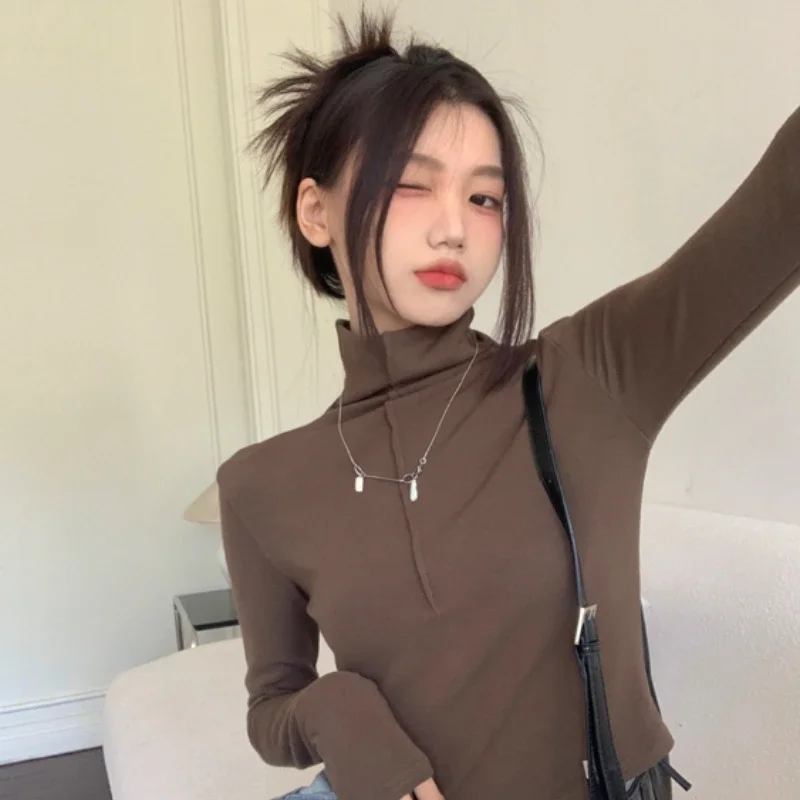 Turtleneck Long-sleeved T-shirt Women Autumn and Winter New Solid Bottoming Shirt Slim Short Versatile Tops Female