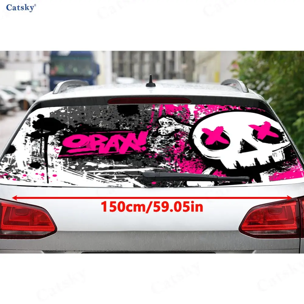 Punk Pink Splatter Skull PVC Perforated Car Vinyl Wraps, Durable Car Rear Windshield Sticker, Waterproof Car Rear Window Decal