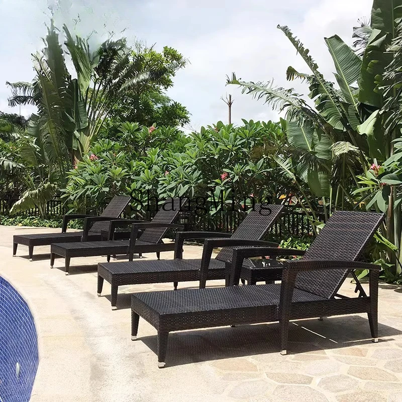 

HJ outdoor rattan beach loungers hotel outdoor garden swimming pool balcony courtyard aluminum alloy folding bed