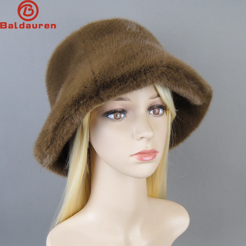 New Women Winter Luxury Knitted Faux Mink Fur Bomber Hat Warm Faux Fur Cap Girls Quality Soft Faux Mink Fur Hats