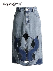 TWOTWINSTYLE Denim Hollow Out Skirts For Women High Waist Patchwork Button A Line Minimalist Crisscross Skirt Female Fashion New