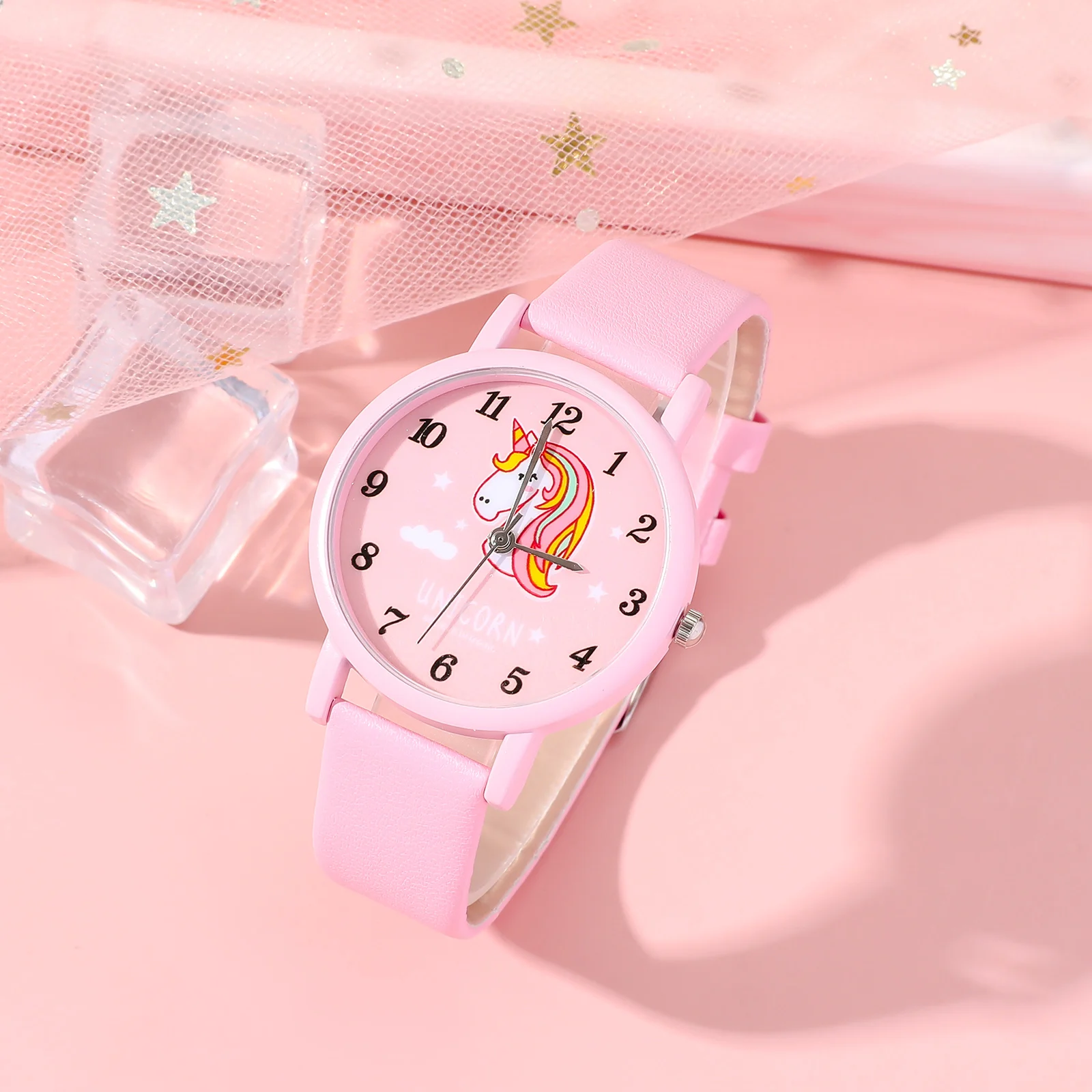 لا يوجد صندوق هدايا، ساعة بحزام جلدي كوارتز كلاسيكية مخصصة على الطراز الكوري للفتيات الكوريات، مجموعة من خمس قطع من مجوهرات الخرز #5