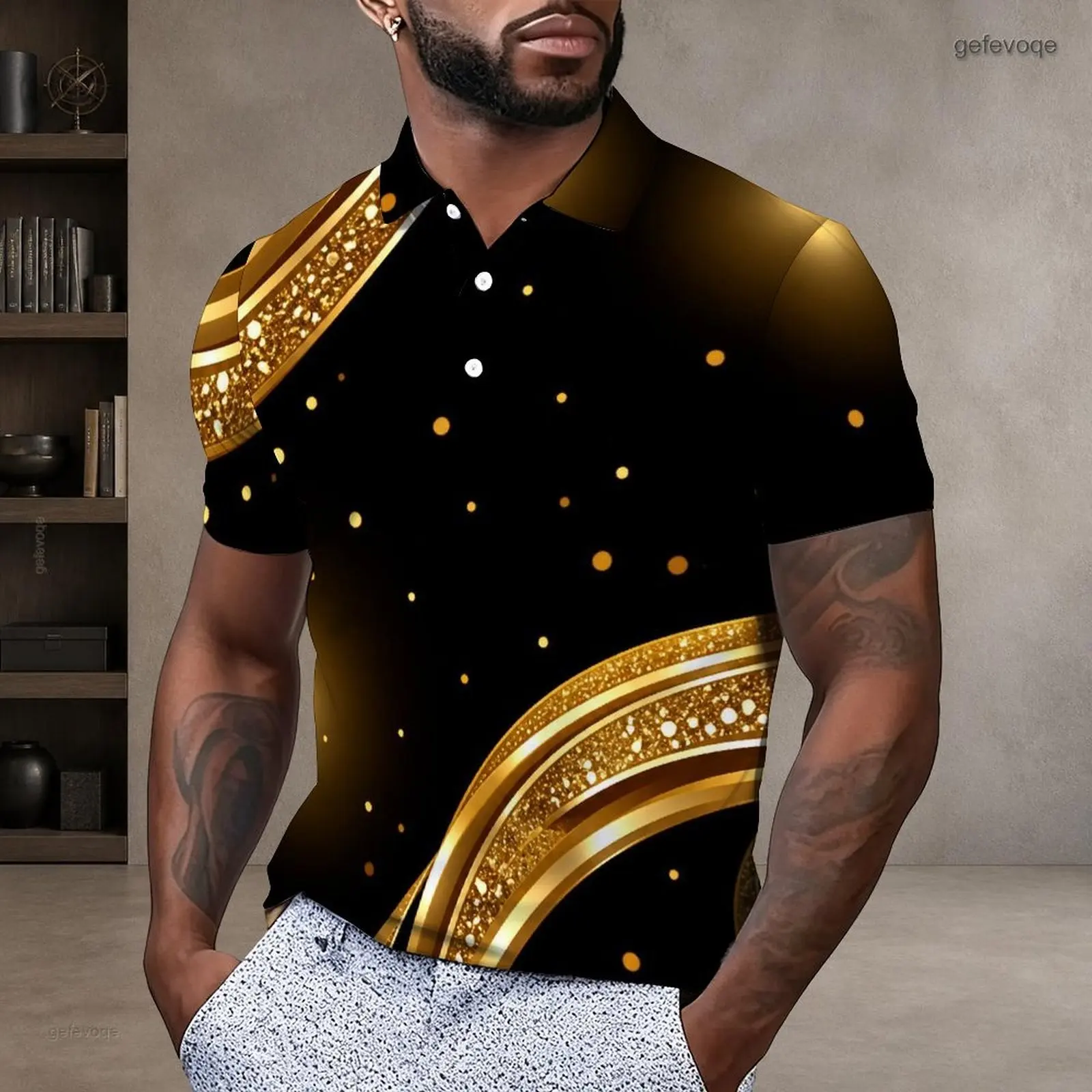 Men Printed Polo Shirt Short Sleeve Collared Neck Button Placket