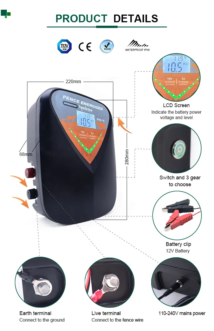 GOOD Quality Waterproof 8J Cattle Security LCD Electric Fence Energizer with Adapter