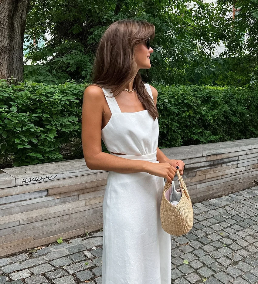 DSMTRC-Robe trapèze en lin à bandes découpées pour femmes, col carré, robes longues de vacances, robe d'été, robe éducative, blanc, luxe, été, 2024