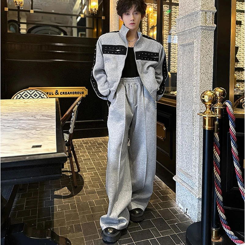 WTHT Fashion Men's Heavy Industy Rivets Spliced Coats Trendy 2026 Spring Contrast Color Wide Leg Casual Pants Male 2A2787