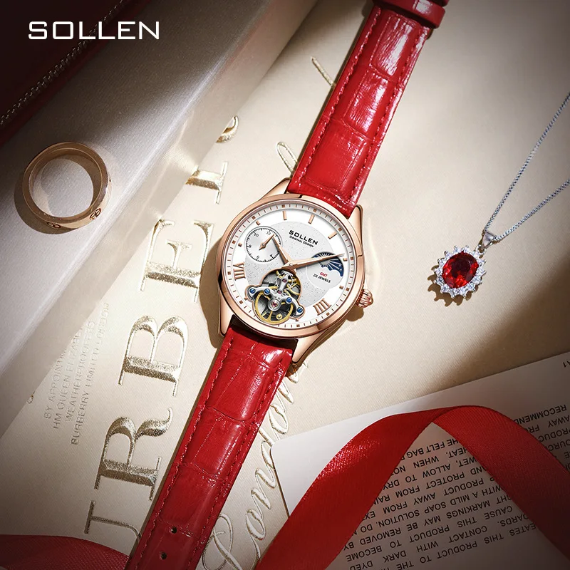 SOLLEN Brand High-end Women Mechanical Watch Red Fashion Leather Strap Waterproof Luxury Automatic Tourbillon Watches Womens