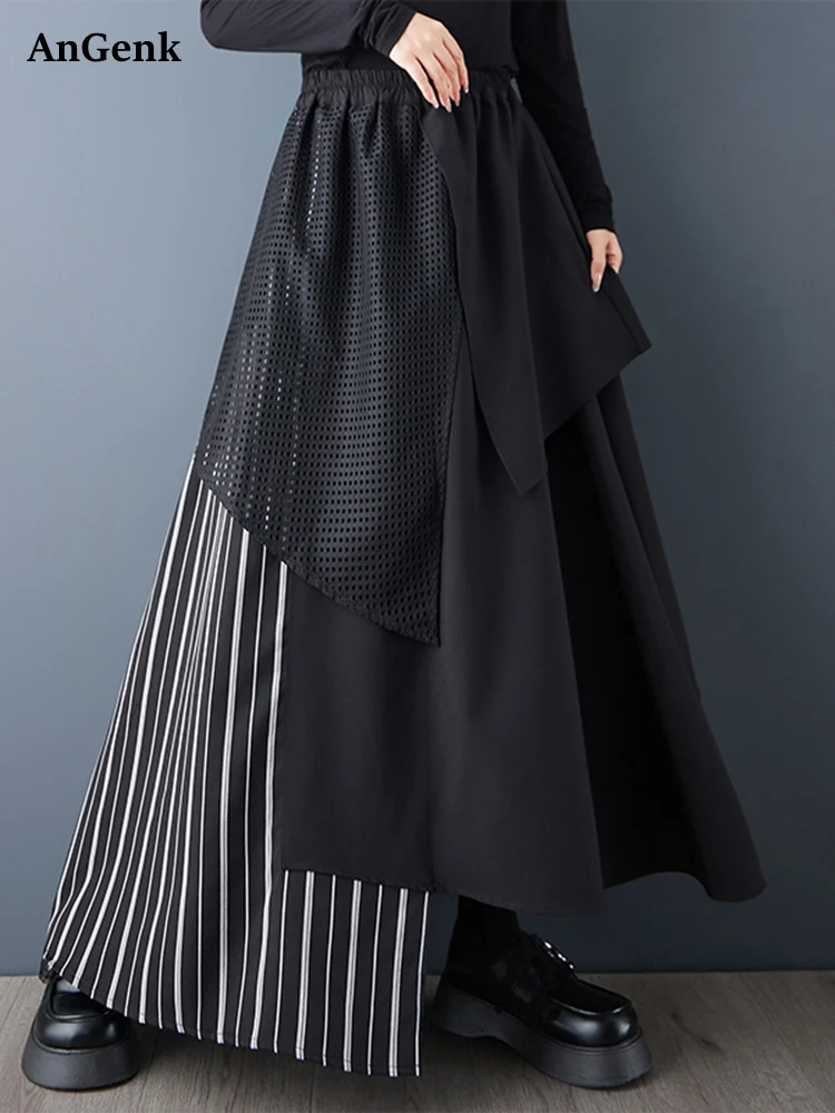 

Черная винтажная полосатая нерегулярная юбка с высокой талией, женская новая свободная повседневная длинная юбка, модная одежда, весна-осень 2025