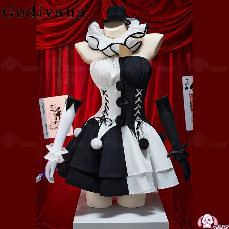 أبيض وأسود كتلة اللون تأثيري حلي المرأة هالوين القوطية مهرج تنورة مجموعة الإناث الصيف أنيمي كوس تنورة الزي #2