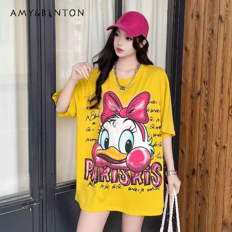 

Spring 2026 New Cartoon Pattern Printed Loose T-shirt With Color Contrast For Women's Y2k Clothes O-neck Loose Tshirts Pullover