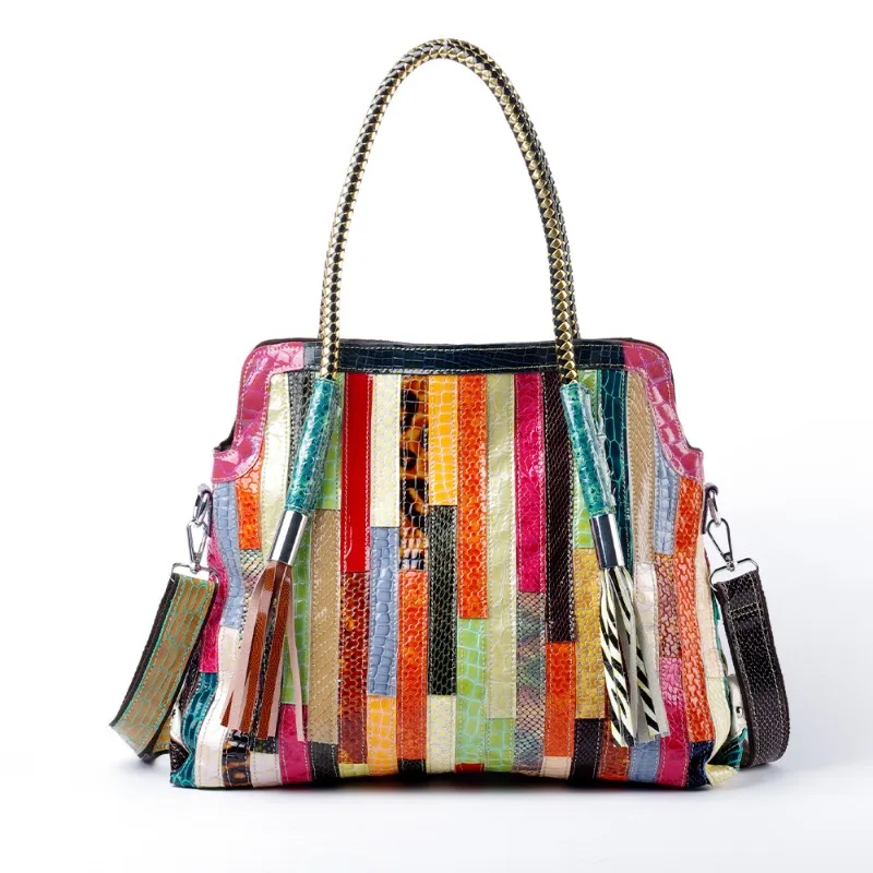 Vintage Tote Bag for Women Genuine Leather  Timeless Everyday Snake Print Color Block Shoulder Bag Tassel Luxury Handbag
