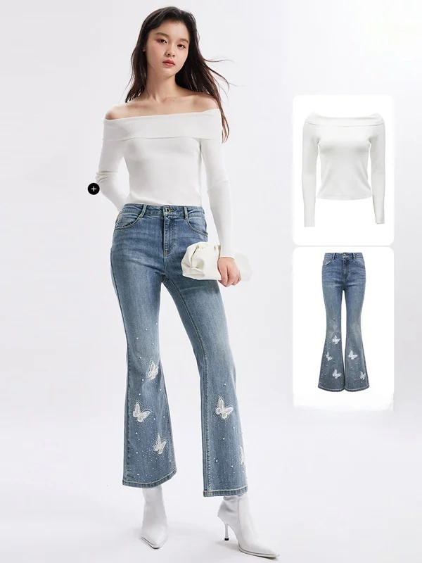 Sweet Street Retro High Waist Elastic Denim Jeans Women's Summer New Bead Diamond Slim Nine Point Flared Pants Cotton Polyest...