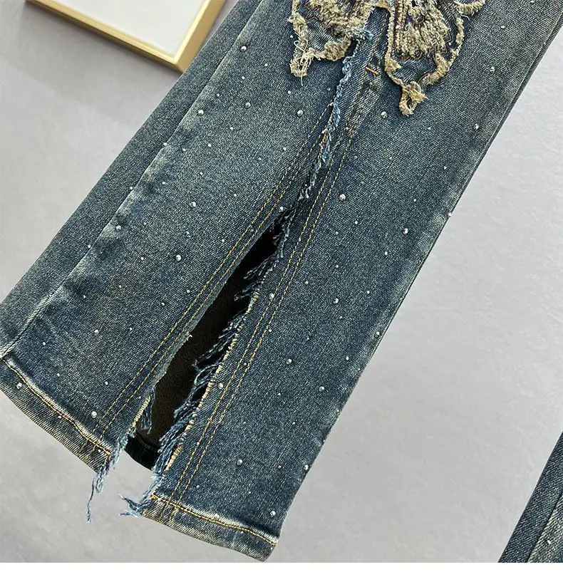 2025 Spring Summer Women Ripped Tassel Embroidery Butterfly Placket Denim Flare Jeans Pants , Woman Slim Stretchy Trousers