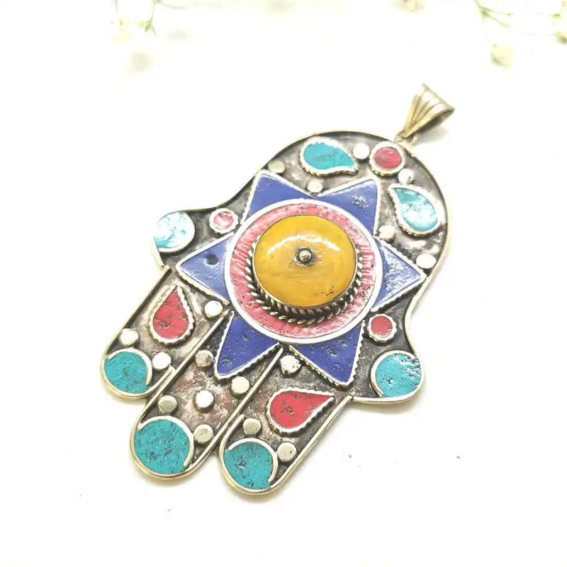 Tibetan Buddha Hand Amulet Pendants White Metal Copper Inlaid Colorful Stone Vintage Pendant TBP535