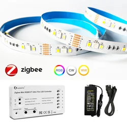 5M 10M Mini Zigbee 3.0 RGBCW LED Strip 12V 5050 RGB+CCT Flexible Dimmable Decoration Light fr Alexa Google Assistant SmartThings