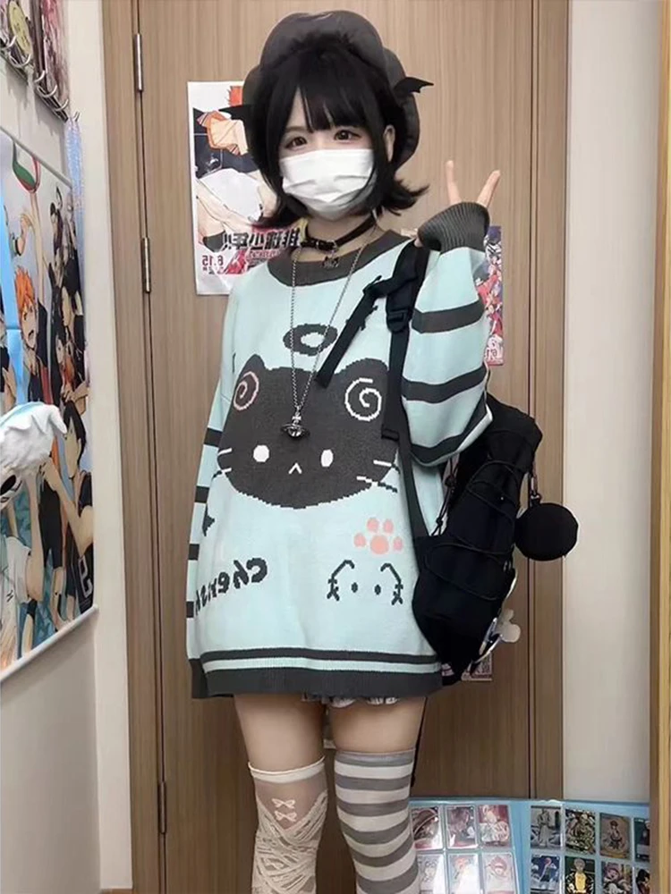 การ์ตูนญี่ปุ่นพิมพ์เสื้อกันหนาวผู้หญิง Kawaii Jacquard ลมขี้เกียจถัก Pullovers ฤดูใบไม้ร่วงฤดูหนาวหลวมสบายๆน่ารักหวานเสื้อใหม่