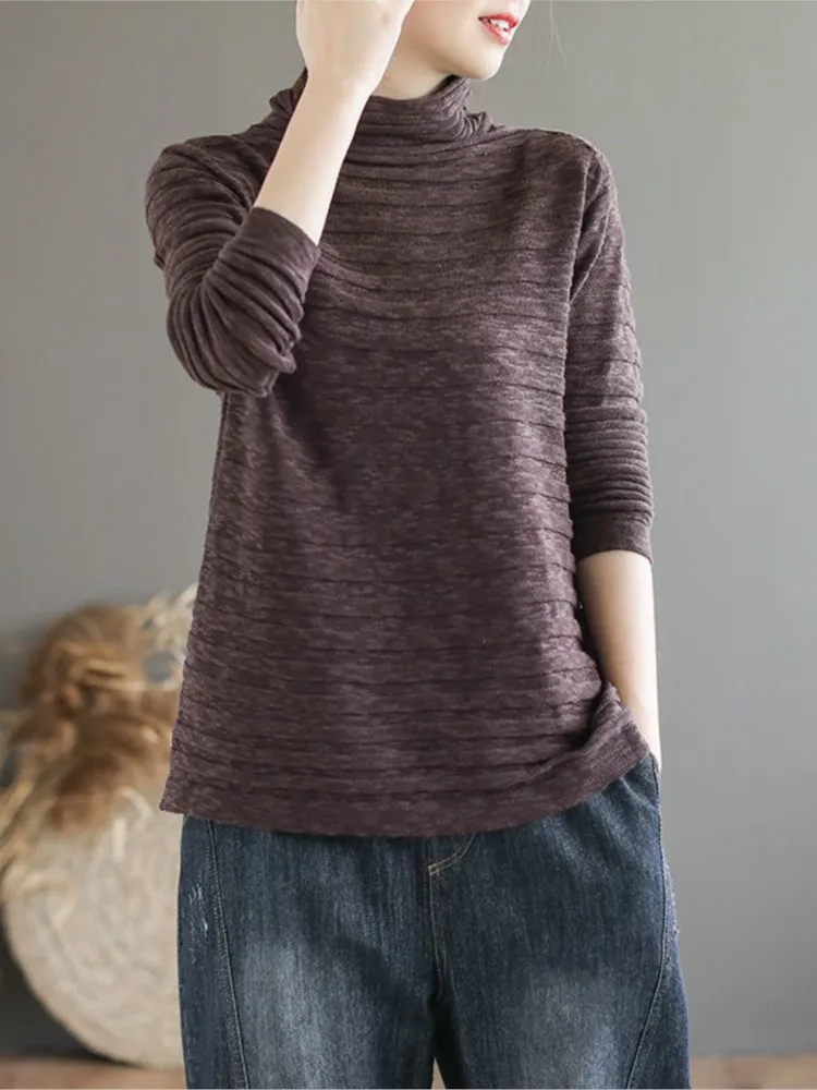 T-shirt pullover dolcevita autunnale lavorata a maglia oversize da donna Camicette da donna a pieghe larghe casual T-shirt da donna alla moda