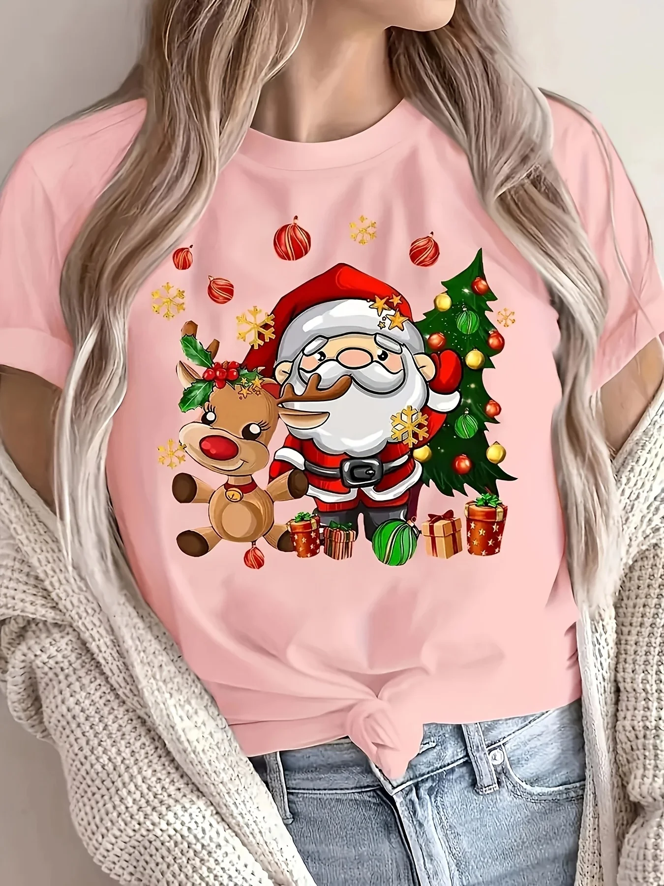 Christmas Santa and Reindeer Print Crew Neck T-Shirt Harajuku Sleeve Women's T-shirt Clothing Street Tops Tees Aesthetic Clothes