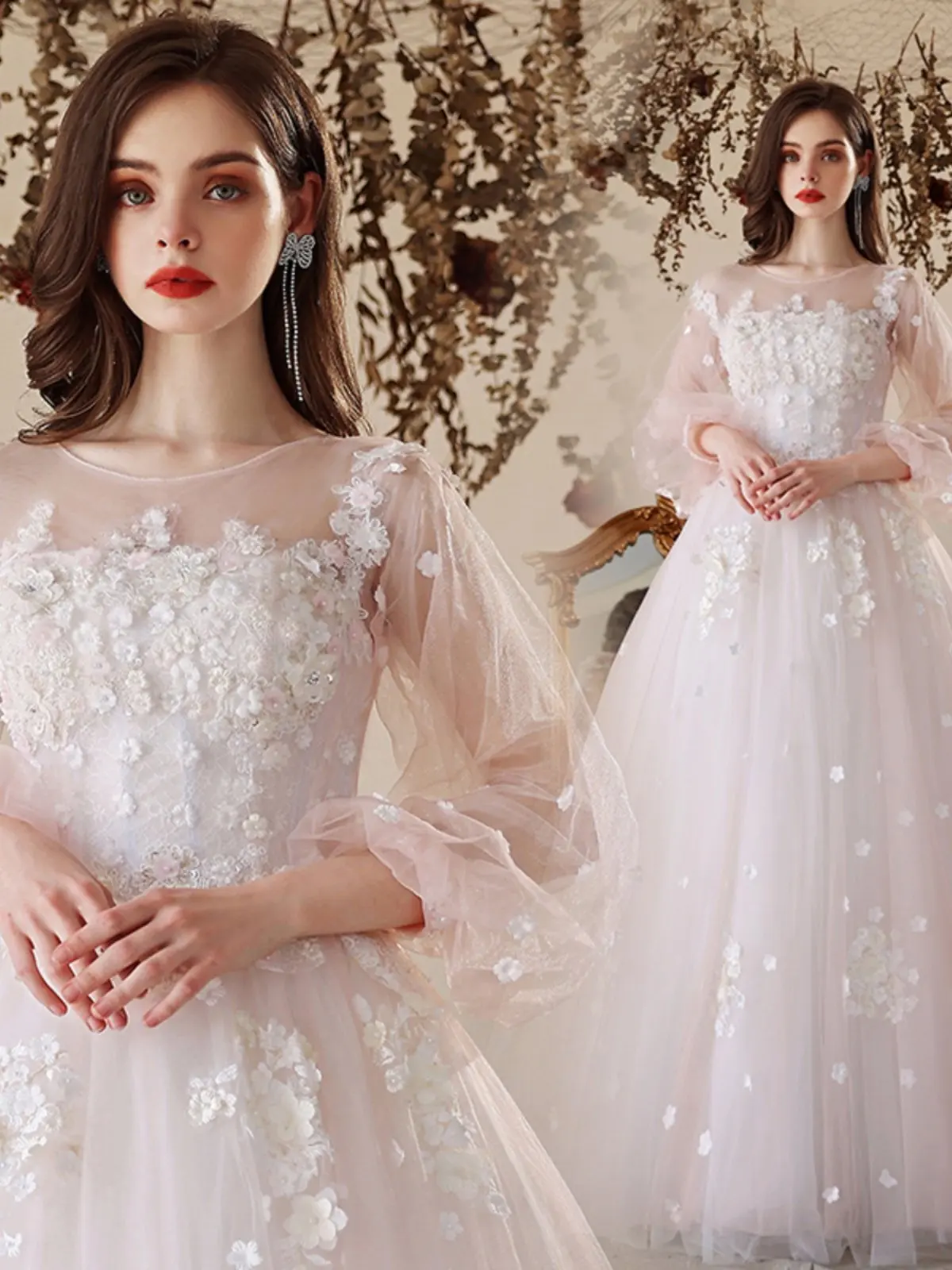 

Dry Bubble Sve Princ Wedding Dr Long Sve Winter Bridal Gown 956 Faionable One oulder Polyester Organza La...