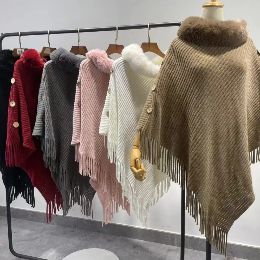 

Модный женский пуловер с мягкой бахромой, шаль средней длины с боковыми пуговицами, вязаная шаль, теплое пальто, плащ, подарок для мамы