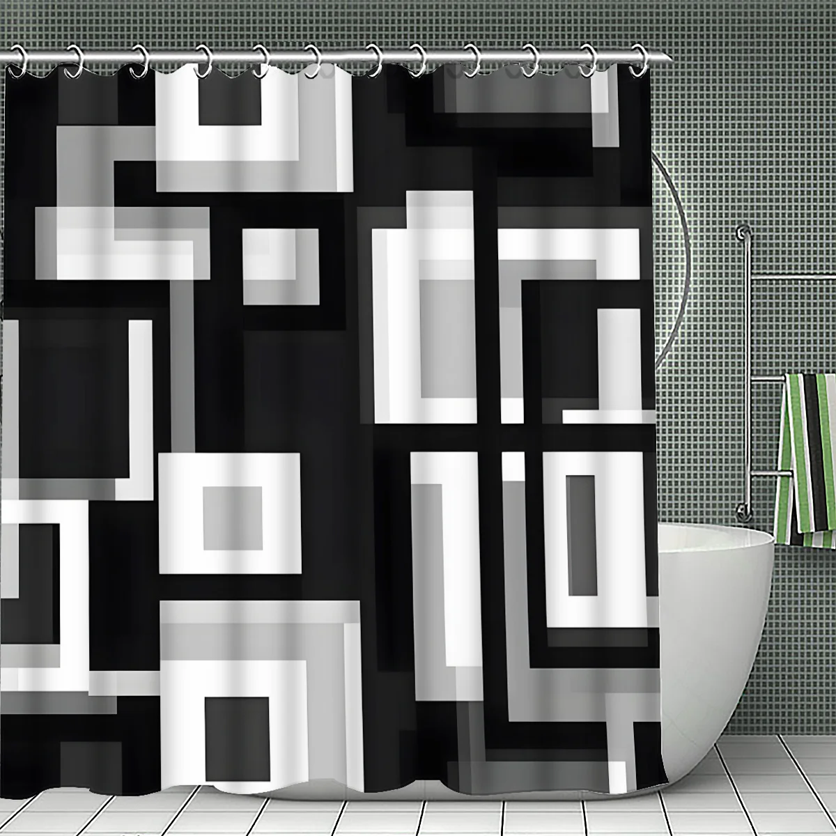 1pc Geometric Square Shower Curtain, Bathroom Decor, Multi - Size Options (120x180cm, 150x180cm, 180x180cm, 180x200cm, 240x200cm