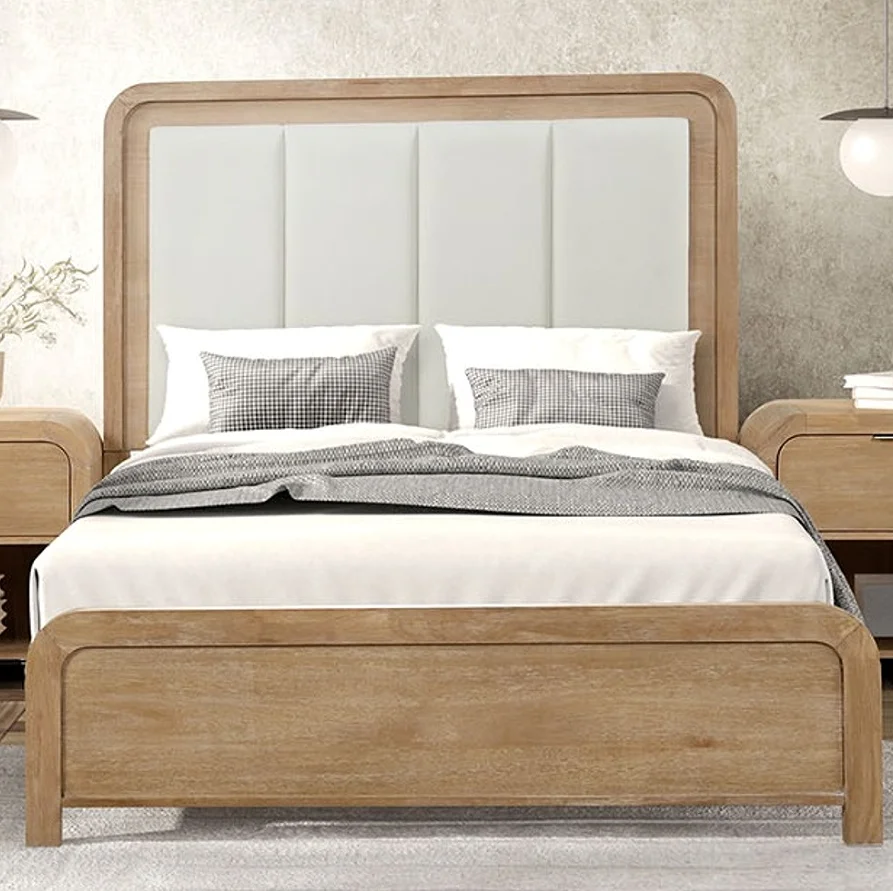 #Modern King Size Adjustable Soft Bed With Oak Wood Frame Channel Padded Headboard Plywood