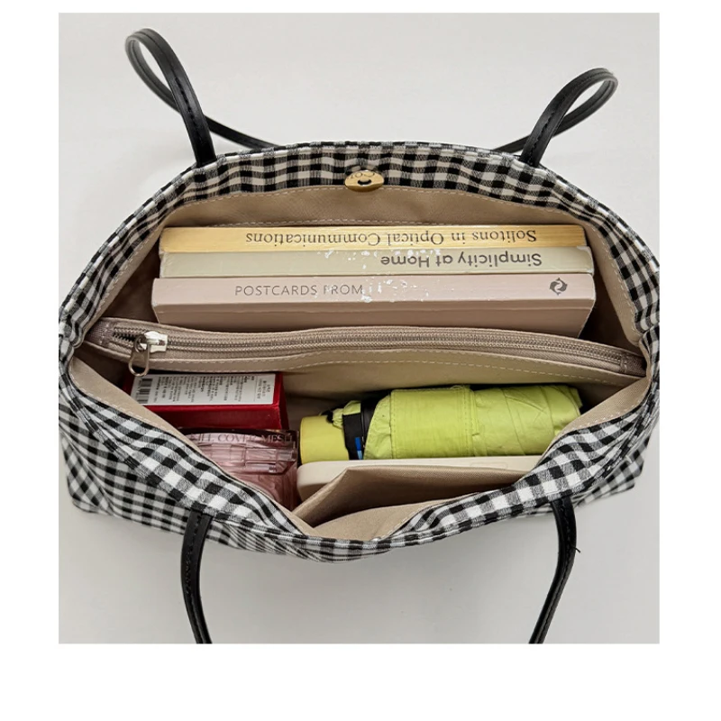 Karierte Canvas-Umhängetasche für Damen, leichte, lässige Pendler-Handtasche, Vintage-Tragetasche mit kariertem Muster und Farbblock-Design – Detail 4
