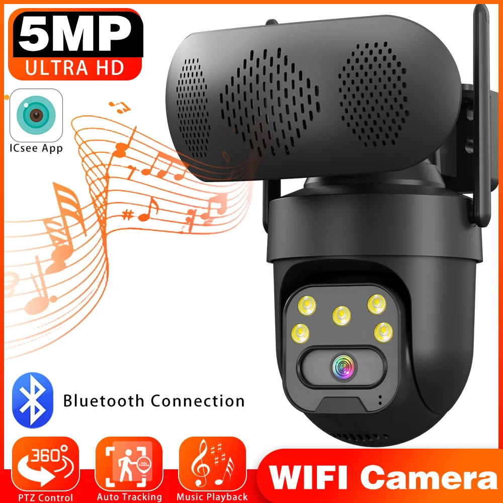 

5 МП с автоматическим отслеживанием, беспроводное видеонаблюдение, Bluetooth, громкий динамик, музыкальный плеер, камера PTZ, уличный видеовизор, Wi-Fi 360 ° IP-камера безопасности