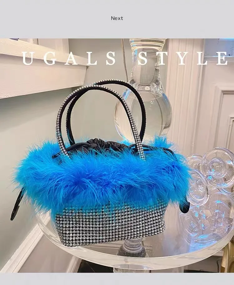 

Luxury Ostrich Hair Bucket Bag Women Handbag Crystal Rhinestones Diamond Evening Bag Wedding Party Clutch Purse Crossbody Bag