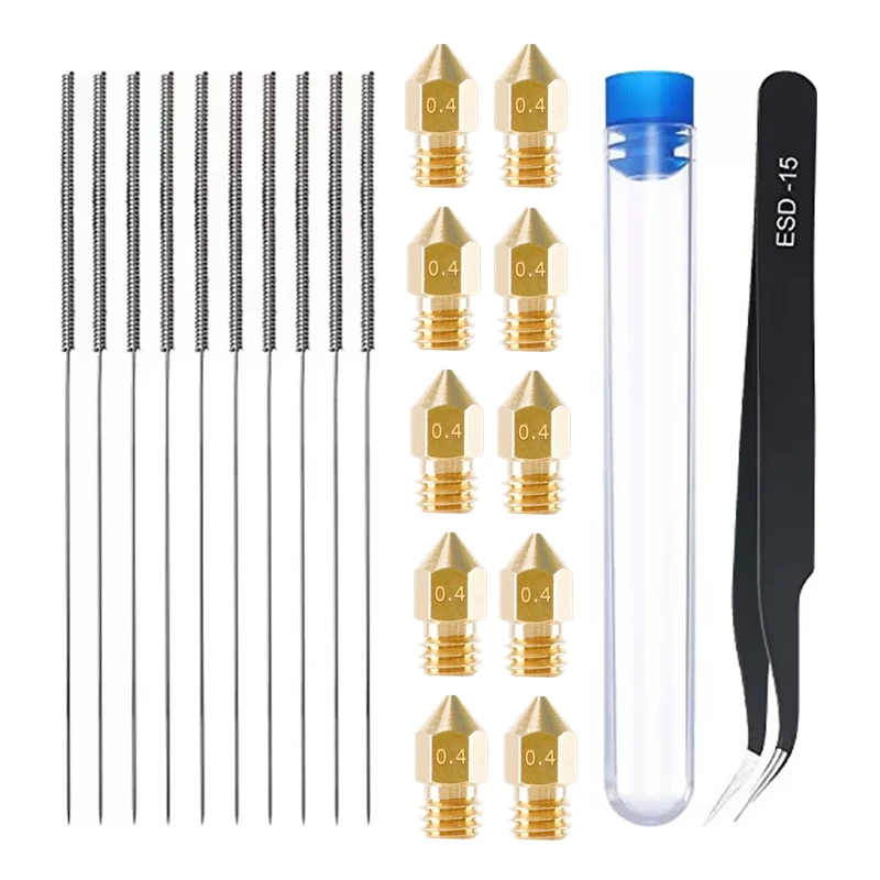 10PCS 0.4mm Brass Nozzle Extruder With 10pcs Cleaning Needles For Ender 3 3S Pro V2 CR10 Anet A8 A8+ 3D Printer Part 21pcs in 1