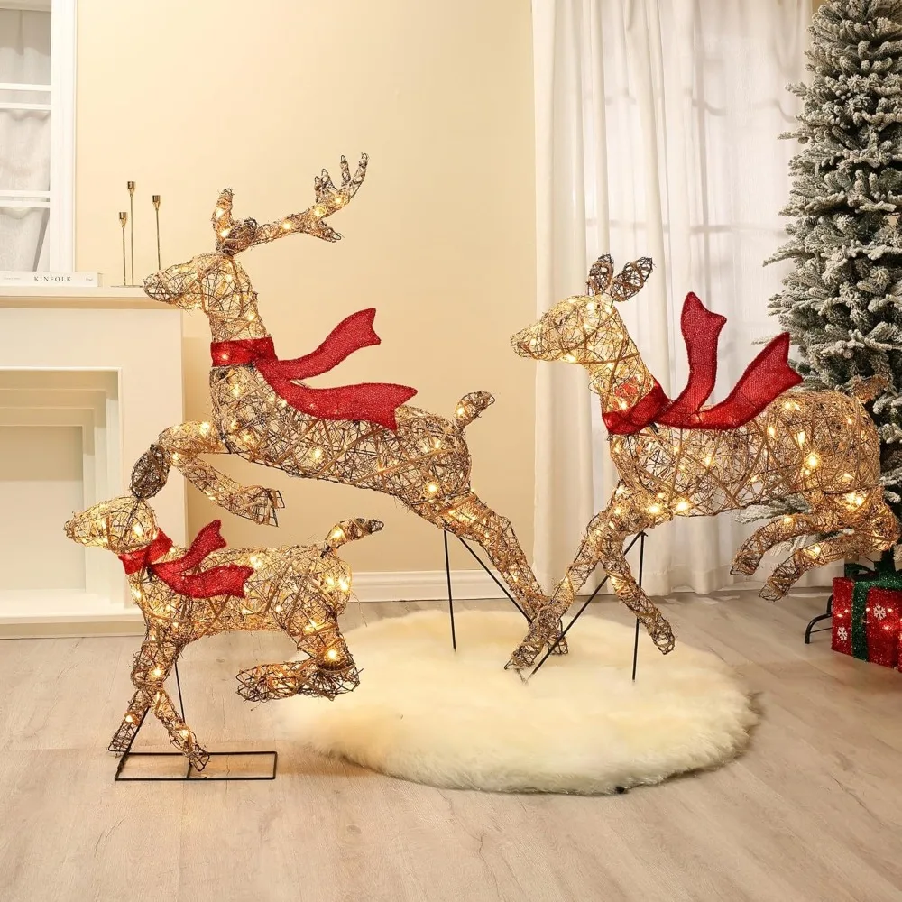 Set of 3 Rattan Reindeer Christmas Decorations，Lighted Reindeer Home Set，Outdoor Christmas Decorations，LED Christmas Decorations