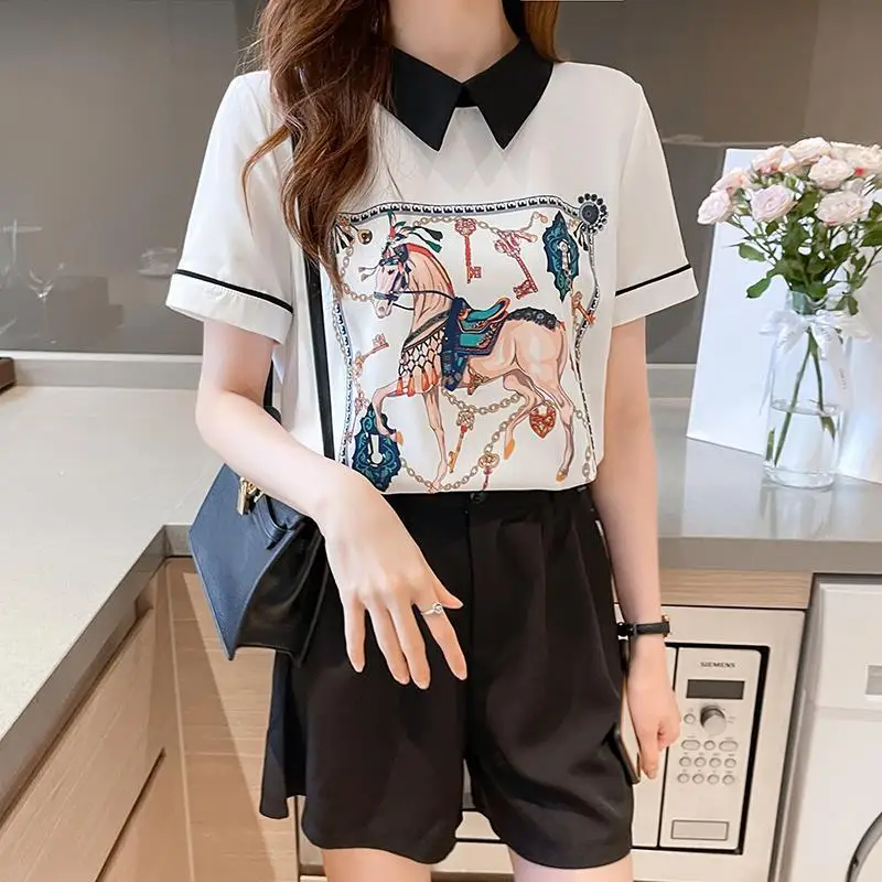 بلوزات شيفون مطبوعة بياقة بيتر بان ملابس نسائية لصيف 2025 قمصان جديدة فضفاضة بأكمام قصيرة غير رسمية قمصان أنيقة