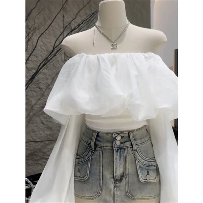 Women Fashion Ruffles Sexy Off Shoulder Blouses 2024 Spring White Sweet Chic Blouse Casual Long Sleeve Slim Tops Blusas De Mujer