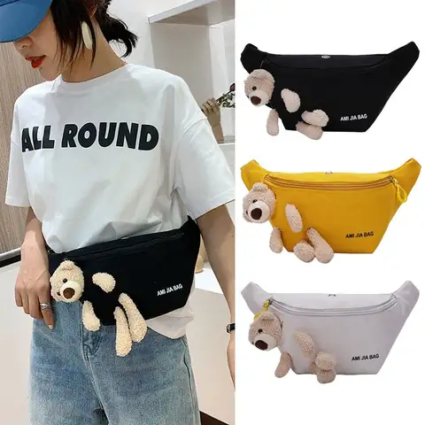 New Women's Cute Bear Waist Bag Canvas Belt Bags Designer Crossbody Chest Bag Female Solid Fanny Pack Banana Hip Purse